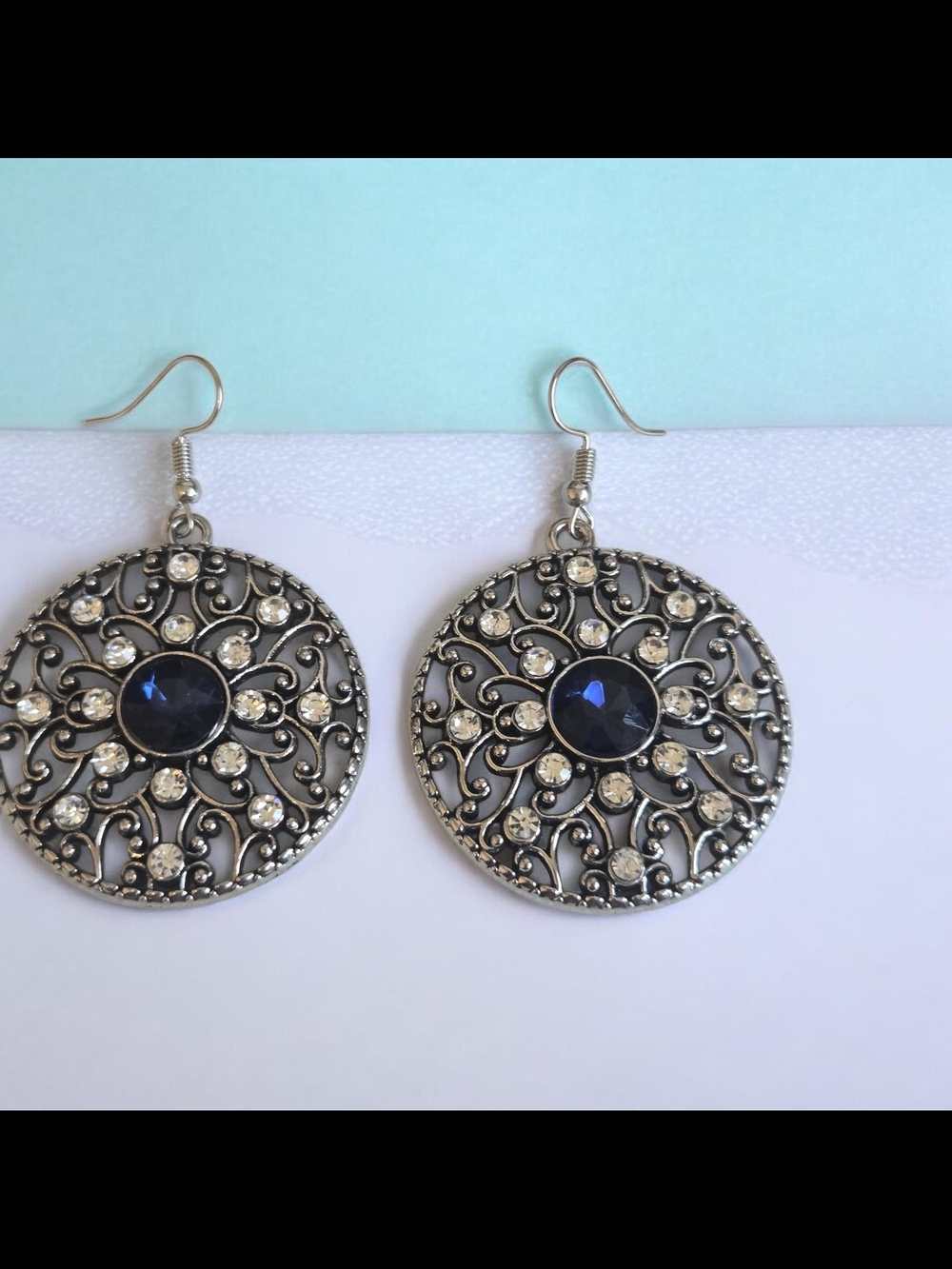 Silver Filigree Drop Earrings with Deep Blue Center Stones